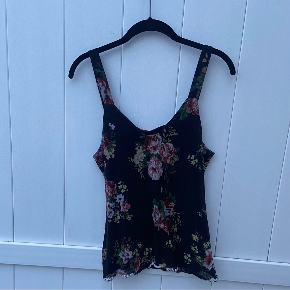 Vintage Row A Floral Strappy Cut Out Tank Top, Women's Size L, Black Pink Ribbed